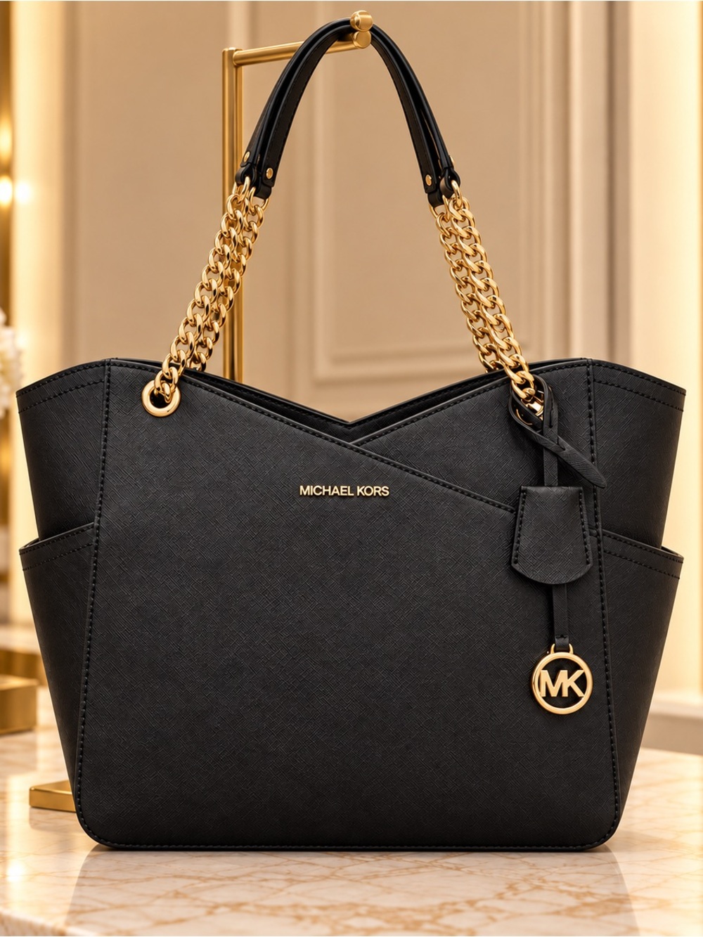 NWT Michael Kors Jet Set Travel Large Black Leather Gold Chain Tote